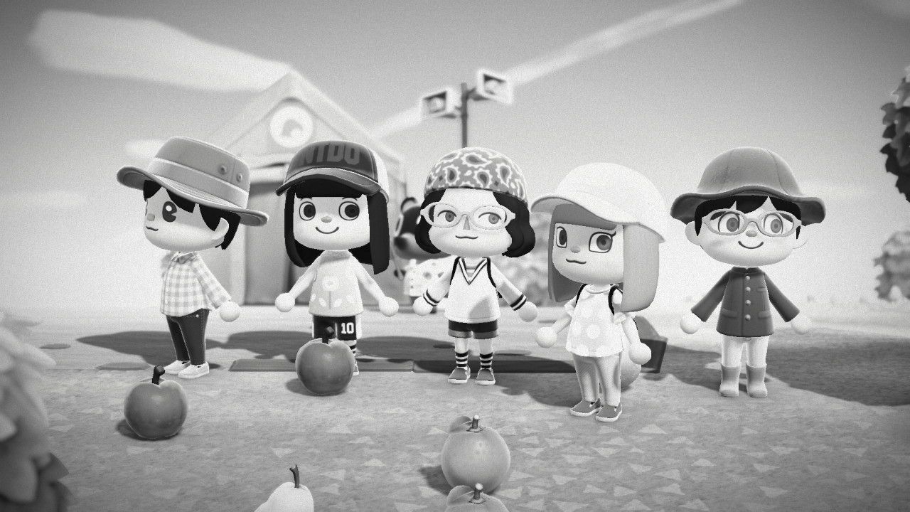 Five Animal Crossing player characters posing in front of various fruit